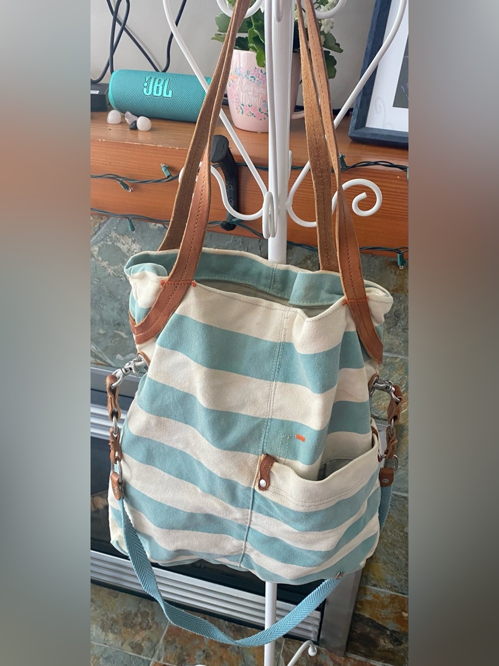 Nixon Striped Canvas Tote in Blue and Cream with Leather Trim
